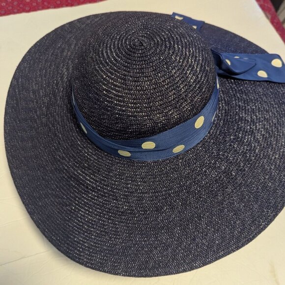 Vintage Betmar‎ Hat Straw Wide Brim Polka Dot Bow Derby Church Easter Prep Girly